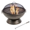Teamson Home Garden Large Wood Burning Fire Pit, Outdoor Furniture Chimenea, Firepit Heater, Metal Fire Bowl Log Burner with Poker & Lid, Metallic