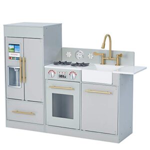 Teamson Kids Little Chef Charlotte Modern Modular Interactive Wooden Play Kitchen with Refrigerator, Stove and Sink in Gray with Gold Accents