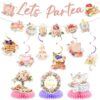 Tea Party Birthday Decorations for Girls - Floral Lets Partea Banner Flower Garland Hanging Swirls, Honeycomb Centerpieces for Women Baby Shower Party Supplies