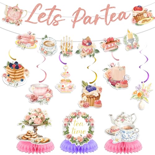 Tea Party Birthday Decorations for Girls - Floral Lets Partea Banner Flower Garland Hanging Swirls, Honeycomb Centerpieces for Women Baby Shower Party Supplies