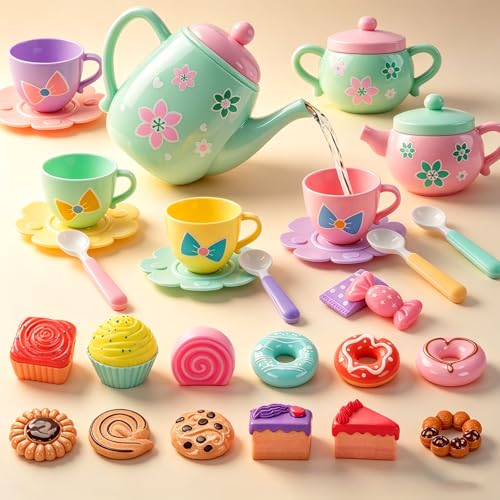 Tea Party Set for Girls Toddler 3-5,Tea Set Toy Princess Pretend Play Girl Toys for Kids Age 3-4-5-6-8 with Teapot, Tea Cups, Play Food Dessert,Toddlers Little Girl Gift Birthday 3 4 5 6 7 8 Year Old