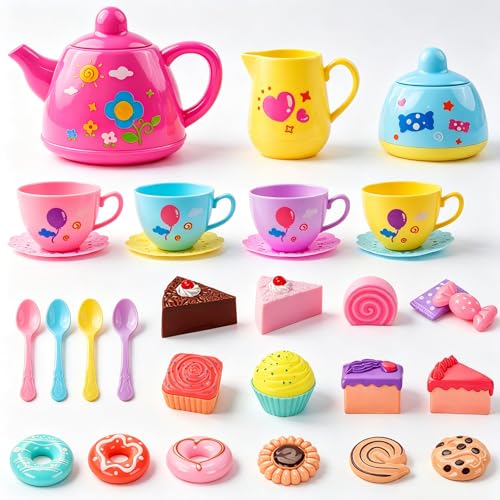 Tea Party Set for Girls Toddler 3-5,Tea Set Toy Princess Pretend Play Girl Toys for Kids Age 3-4-5-6-8 with Teapot, Tea Cups, Play Food Dessert,Toddlers Little Girl Gift Birthday 3 4 5 6 7 8 Year Old