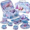 Tea Party Sets for Toddlers 3-5,PRE-WORLD Princess Tea Time Toy with Tray, Teapot, Tea Cups, Cream Pitcher, Sugar Bowl, Coasters, Plates，Kids Kitchen Pretend Play for Girls Boys Age 3 4 5 6