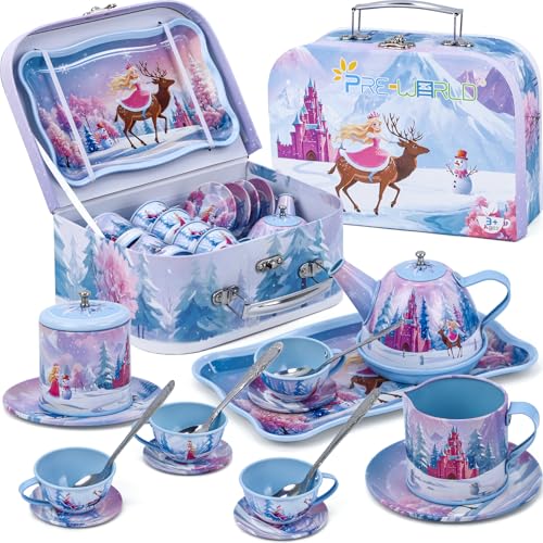 Tea Party Sets for Toddlers 3-5,PRE-WORLD Princess Tea Time Toy with Tray, Teapot, Tea Cups, Cream Pitcher, Sugar Bowl, Coasters, Plates,Kids Kitchen Pretend Play for Girls Boys Age 3 4 5 6