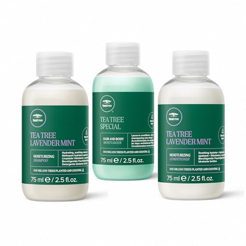 Tea Tree Lavender Mint Moisturizing Shampoo and Conditioner, Hydrates + Soothes Hair and Body Moisturizer Leave-In Conditioner, Body Lotion, After-Shave Cream, 2.5 oz., Travel Set