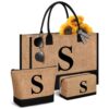 Tecanne Initial Canvas Jute Tote Bag for Women, Monogrammed 3-Piece Gift Bag Set with Makeup Pouch, Birthday Gifts for Teacher Mom Nurse