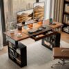 TECHERO 63x24 Inch Electric Sit Stand Desk with Drawer, Standing Desk with Power Outlet, LED Lights, 2 Open Storage and Monitor Stand, Adjustable Height from 28.3" to 47.2" for Home, Walnut & Black