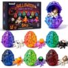 Teeanzo Halloween 3D Printed Toys, 6 Pack Hatching Spider Egg with Unique Spiders Novelty Growing Pet Toys for Kids Halloween Surprise Eggs Party Favors Trick or Treat Gifts Classroom Prizes