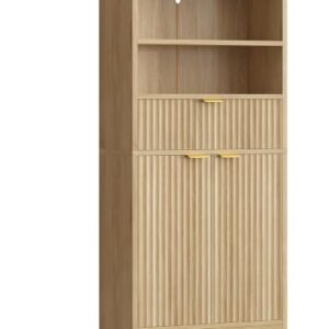 TEENFON Tall Storage Cabinet with Adjustable Shelf & Drawer, Fluted Cabinet with Doors, Kitchen Pantry Cabinets, Bathroom Storage Cabinets, for Living Room, Entryway, Home Office, Natural