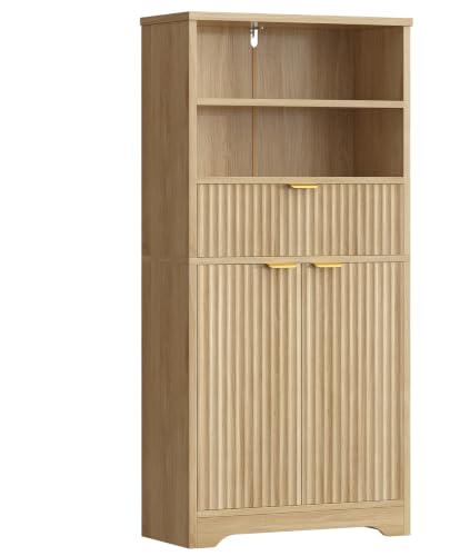 TEENFON Tall Storage Cabinet with Adjustable Shelf & Drawer, Fluted Cabinet with Doors, Kitchen Pantry Cabinets, Bathroom Storage Cabinets, for Living Room, Entryway, Home Office, Natural