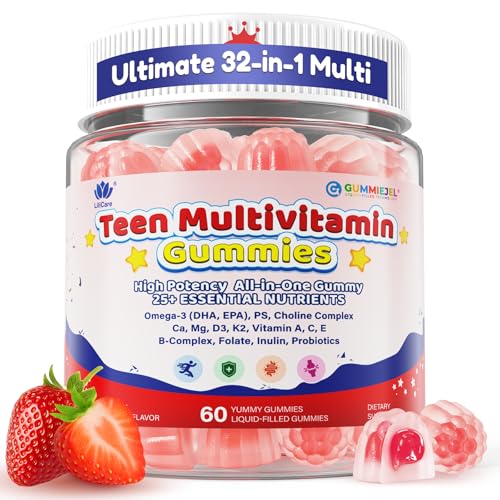 Teen Multivitamin Gummies for Ages 9+ with Omega-3, Magnesium, Methylfolate, Choline, PS, Probiotics - Focus, Brain, Bone, Energy & Gut Support - Teen vitamin for boys girls - Sugar Free, 60 Cts