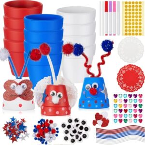 Teenyyou 12 Sets Spring DIY Terracotta Flower Pot Crafts Kit with Colorful Hearts & Pom Poms for Spring Themed Art Activities Exchange Party Favors Crafts Decor (Independence Day, Colorful)