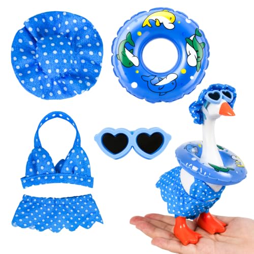 Telaneo 4 Sets Summer Desk Goose Outfits 7 inches, Featuring Summer-Themed Knitted Goose Attire and hat for Desk Magnetic Gooses-Shaped Keychain, Holiday Figurine Decorations (Blue)