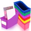 Teling 12 Pcs Book Bins Bulk for Classroom Storage Plastic Magazine Holder with Label Interlocking File Folder Organizer Binder Container Box for School Office Desktop Bookshelf Home (Rainbow)