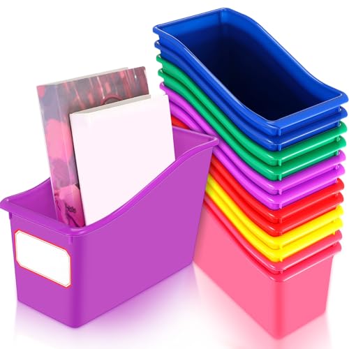 Teling 12 Pcs Book Bins Bulk for Classroom Storage Plastic Magazine Holder with Label Interlocking File Folder Organizer Binder Container Box for School Office Desktop Bookshelf Home (Rainbow)