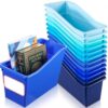 Teling 12 Pcs Book Bins Bulk for Classroom Storage Plastic Magazine Holder with Label Interlocking File Folder Organizer Binder Container Box for School Office Desktop Bookshelf Home (Ocean Blue)