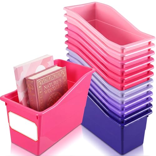 Teling 12 Pcs Book Bins Bulk for Classroom Storage Plastic Magazine Holder with Label Interlocking File Folder Organizer Binder Container Box for School Office Desktop Bookshelf Home (Pink Purple)