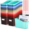 Teling 24 Pcs Plastic Book Bins Bulk for Classroom Interlocking Magazine Holder Organizer Folder Binder Storage Container Box with Name Labels for School Office Home Supply (Retro Earth Tone)