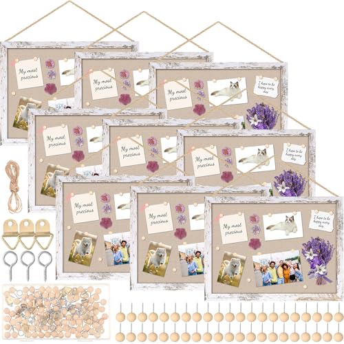 Teling 9 Pack Wood Bulletin Boards with Linen 12''x 16'' Cork Board for Walls with 90 Pushpin Decorative Wood Framed Display for School Office Home Decor (Netural White)
