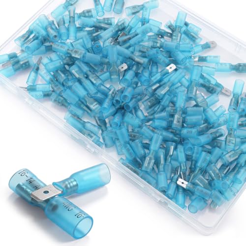 Tellegloww 200 Pcs Blue Heat Shrink Spade Connectors AWG 16-14 Female and Male Spade Terminals Electrical Quick Disconnect Wire Connectors for Watercraft, Electronics and Automotive