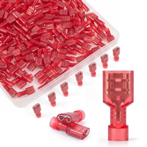 Tellegloww 200 Pcs Nylon Female Spade Connectors, Red Spade Quick Disconnect Connectors, 22-16 Awg Electrical Crimps Insulated Terminals Male Female Fully Insulated Crimp Self-Stripping Kit