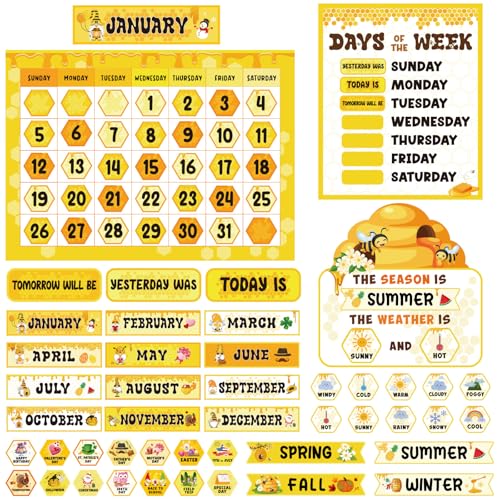 Tenare 169 Pcs Bee Themed Classroom Calendar Bulletin Board Set, Calendar Seasons Weather Chart Bulletin Board and Classroom Display with Stickers for Bedroom Wall Decoration
