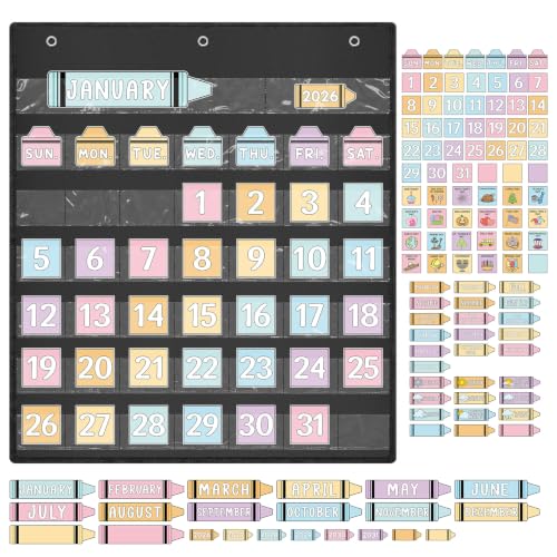 Tenceur 115 Pcs Pastel Classroom Calendar Pocket Chart Crayon Themed Colorful Calendar Weather Seasons Classroom Decor Set for Preschool Elementary Class Room Must Haves Supplies