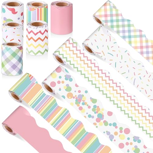 Tenceur 160ft Pastel Boho Bulletin Board Borders, 6 Rolls Line Dots Grid Scalloped Borders Trim, Pastel Classroom Decoration for Summer Back to School Office Chalkboard Whiteboard Poster