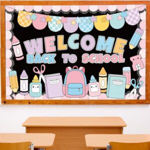 Tenceur 65 Pcs Welcome Back to School Bulletin Board Sets Pastel Stationery Composition Notebook Decoration Back to School Paper Cutouts for Bulletin Board Chalkboard Classroom Wall Decor