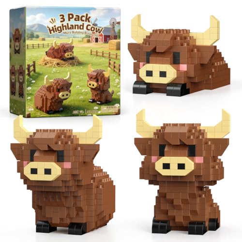 TENYEAH 3 Pack Highland Cow Animals Party Favors Building Sets, Mini Farm Animal Micro Building Blocks, Goodie Bag Stuffers, Classroom Small Prize Toys Gifts for Adults Teens Age 14+