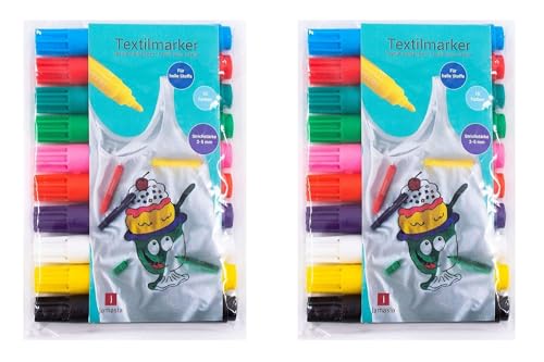 TerCasa 998702-1 Textile Marker Sets 2 x 10 for Painting Fabric, 20 Fabric Colouring Pens in Case, Textile Pens with Line Width from 2 to 5 mm, 20 Textile Colouring Pens in 10 Different Colours