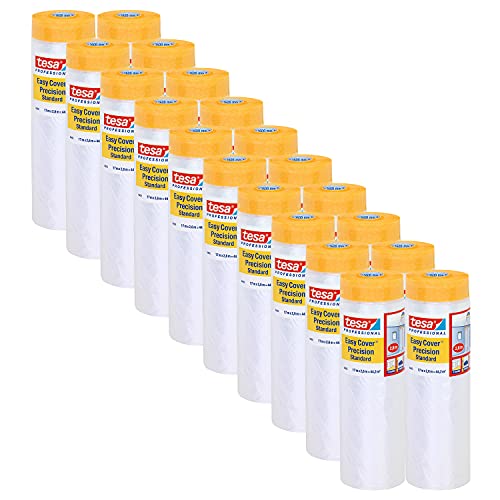 tesa Easy Cover 4402 Precision Standard - Pack of 20 - Painter's Film with Painter's Tape for Masking and Covering - 2-in-1 Masking Tape with Film - Colourless - Each 17 m x 2.6 m