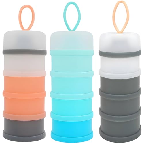 Texvora 3 PCS Travel Powder Container, 4 Layer Stackable Snack Containers, Protein Container To Go with Hanging Ring, Romantic Pink, Dreamy Green, Gray, White, Large Capacity for Travel and Gym