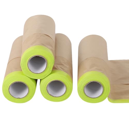 Texvora 4 Rolls Pre Taped Masking Paper for Painting, 11.8 in x 49.2 ft Tape and Drape Painters Paper, Paint Adhesive Protective Paper Roll for Covering Skirting, Door Frames, Cars