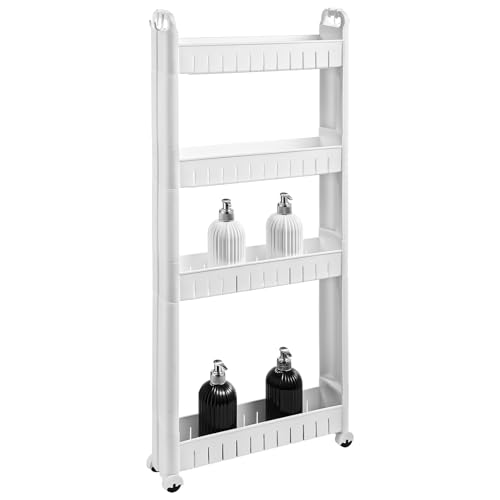 Texvora 4 Tiers Slim Rolling Storage Cart, 3.5 in Slide Out Bathroom Organizer Cart with Wheels, Narrow Mobile Utility Cart for Laundry Room, Kitchen, Office, Tiered Storage Rack for Tight Spaces