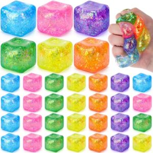 Teyva Daily 36 Pack Fidget Stress Cube Ball Bulk, Glitter Sensory Squeeze Ice Cube Blocks Colorful Sparkly Anxiety Relief Sugar Balls for Party Favors Prizes Goodie Bag Stuffers