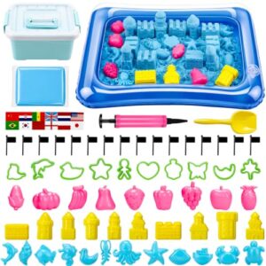 Teyva Daily 59 Pcs Sensory Bin Sand Kit with 2.2lbs Blue Moldable Play Sand, Inflatable Tray, Lidded Storage Box, Castle Ocean Animal Fruit Molds, Flags and Pump for Kids Toddler Ages 4-6