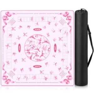 Teyva Daily Mahjong Mat with Bag 32.7'' x 32.7'' Rubber Anti Slip Board Gaming Mat Pink Bow Pattern Foldable Design for Poker, Board Tile Games, Dominoes