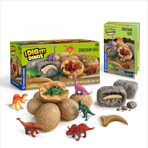 Thames & Kosmos I Dig It! Dinos - Dinosaur Eggs Excavations | 8 Dig-Out Kits, Unearth Dinosaur Figurines, a T. Rex Claw & Tooth Replica, Includes Tools & Guide, Great Birthday Gift for Kids Ages 5+