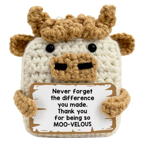 Thank You Appreciation Gifts for Coworker Teacher Mentor Nurse Friend, Handmade Crochet Highland Cow with Inspirational Card, Emotional Support Employee Appreciation Desk Decor Ornament