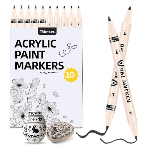Thboxes 10 Pack Black Paint Markers, Dual-Tip Acrylic Paint Pen Fine Tip and Brush Tip Markers for Fabric Wood Metal Rock Glass Plastic Canvas School Supplies Art Supplies