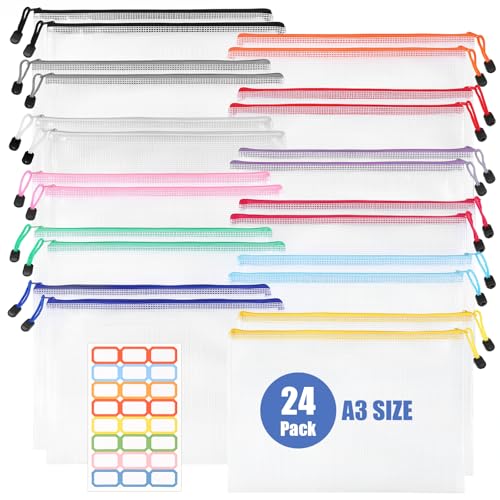 Thboxes 24 Pack Mesh Zipper Pouch Bags, A3 17x12 Inches Large Mesh Bag with Sticky Labels - 12 Colors Waterproof Zipper Bags for Classroom, Board Game, Puzzle, Office Files, Travel and Home Storage