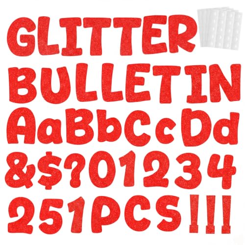 Thboxes 251 Pcs Bulletin Board Letters, Glitter Letters for Bulletin Board with 300 Pcs Adhesive Dot, Number Alphabet Punctuation Symbol Poster Letter for Classroom Displays DIY Decor, 4'' (Red)