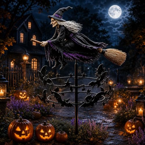 The Enchanted Witch Garden Wind Spinner - Halloween Outdoor Yard Art, Flying Kinetic Bat Ring Lawn Ornament, Spooky Patio Pathway Decor, Whimsical Gothic Fall Holiday Decoration