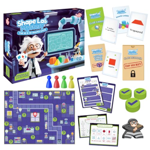 THE FIDGET GAME Shape Lab Mystery, 2D & 3D Shapes Board Game, Grades K-2, Ages 5-8, Geometry Game for Kids, Identify Shapes, Attributes & Vertices, Critical Thinking Skills, Flashcards Educational Toy