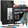 Thenshop 2 Pcs/200 Sheets Black Paper Sketchbook with 12 Metallic Marker Pens 6 x 8 in Coil Black Page Journal Notebook for Back to School Gift Colored Gel Pens PU Hardcover Drawing