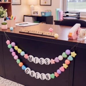 Thenshop 70 Pcs Classroom Teacher Desk Decor DIY Teacher Table Skirt Giant Friendship Bracelet Garland Colorful Foam Balls Hearts Stars with Letter Discs for Back to School Banner Decor(Pastel)