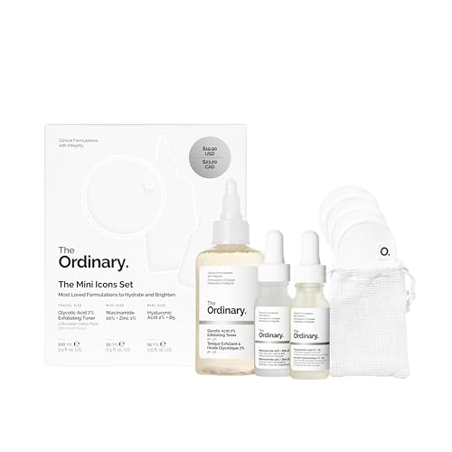 The Ordinary The Mini Icons Set, Travel Size Skin Care to Hydrate and Brighten, Glycolic Acid 7% Exfoliating Toner, Niacinamide 10% + Zinc 1%, Hyaluronic Acid 2% + B5, 4 Reusable Rounds