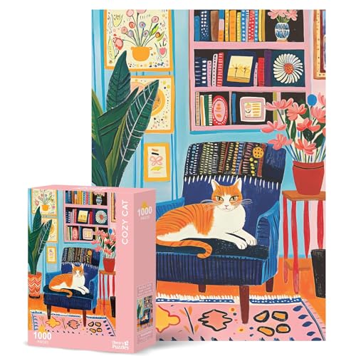 Theo's Puzzles Jigsaw Puzzles 1000 Piece Puzzle for Adults, Families Dogs Beach Day Pieces Fit Together Perfectly (Cozy Cat1)