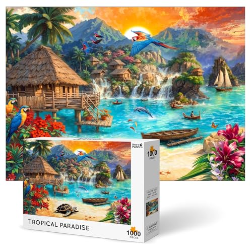 Theo's Puzzles Jigsaw Puzzles 1000 Piece Puzzle for Adults, Families Dogs Beach Day Pieces Fit Together Perfectly (Tropical Paradise)